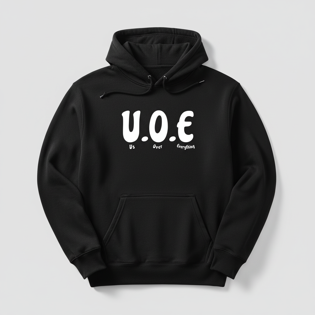 Black hoodie with smaller U.O.E logo on chest