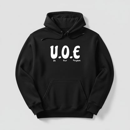 Black hoodie with smaller U.O.E logo on chest