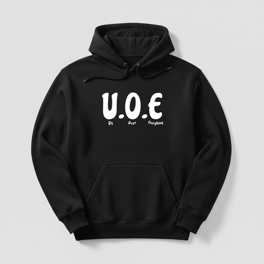 Black hoodie with smaller U.O.E logo on chest