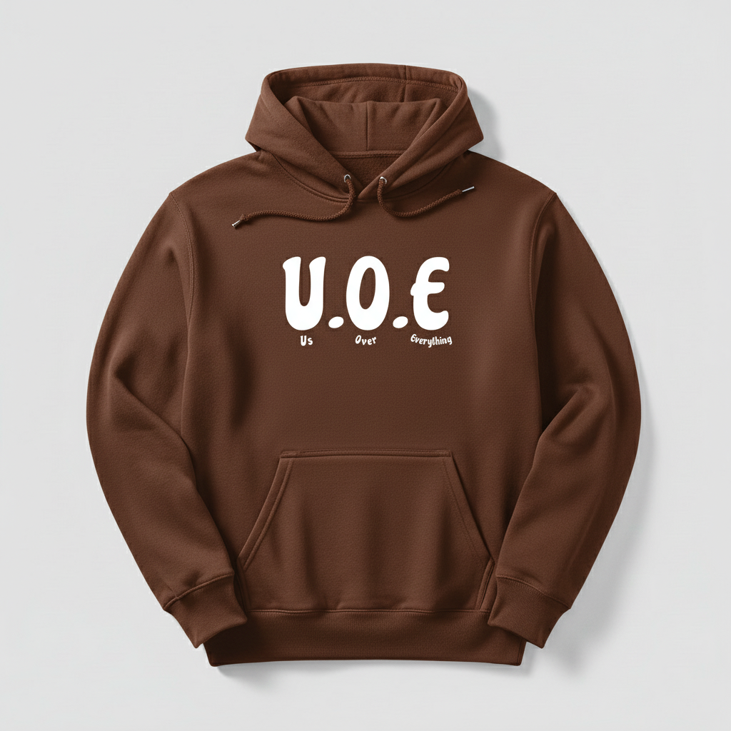 Chestnut brown hoodie with U.O.E logo