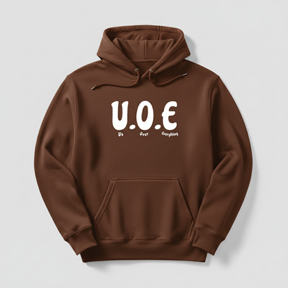 Chestnut brown hoodie with U.O.E logo