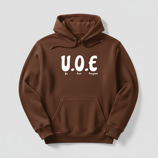 Chestnut brown hoodie with U.O.E logo